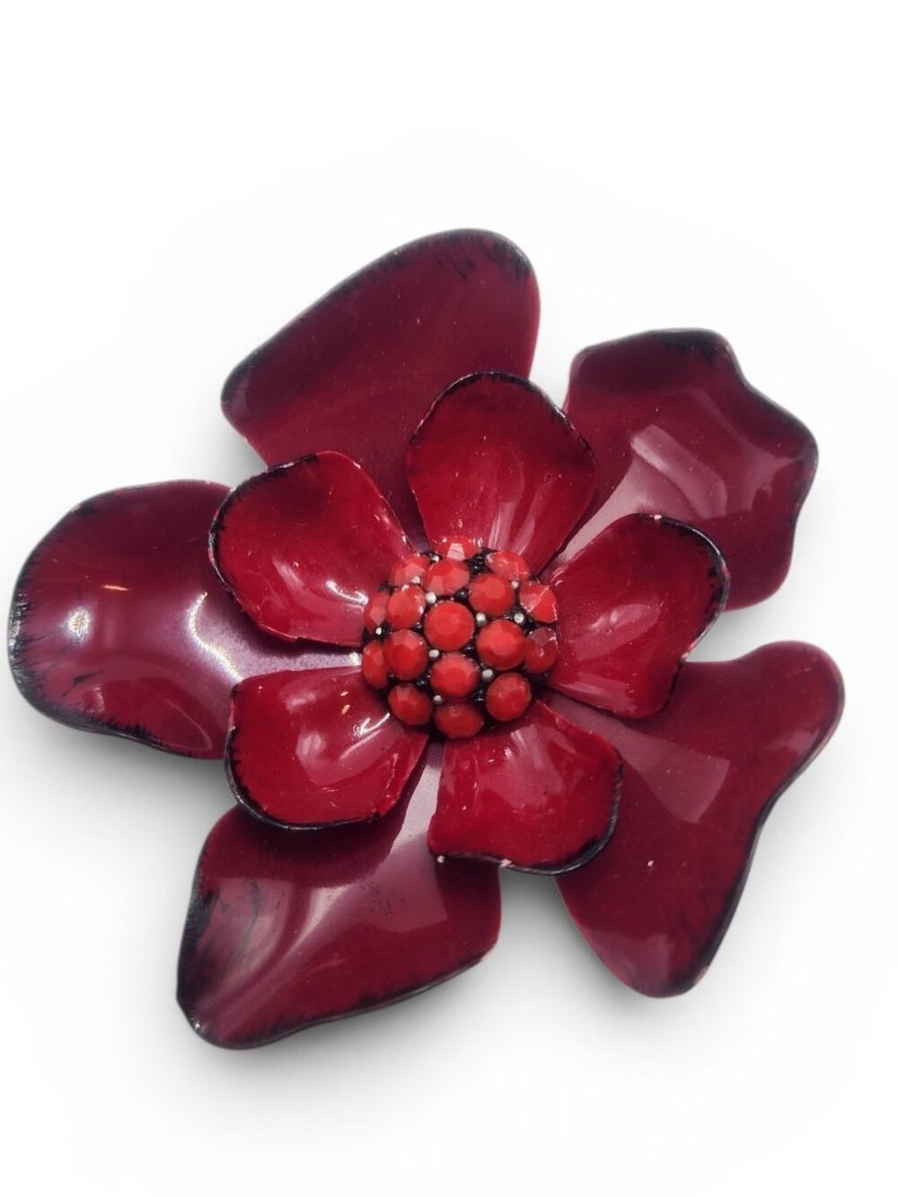 1960s Red Enamel Rhinestone Flower Vintage Pin Brooch